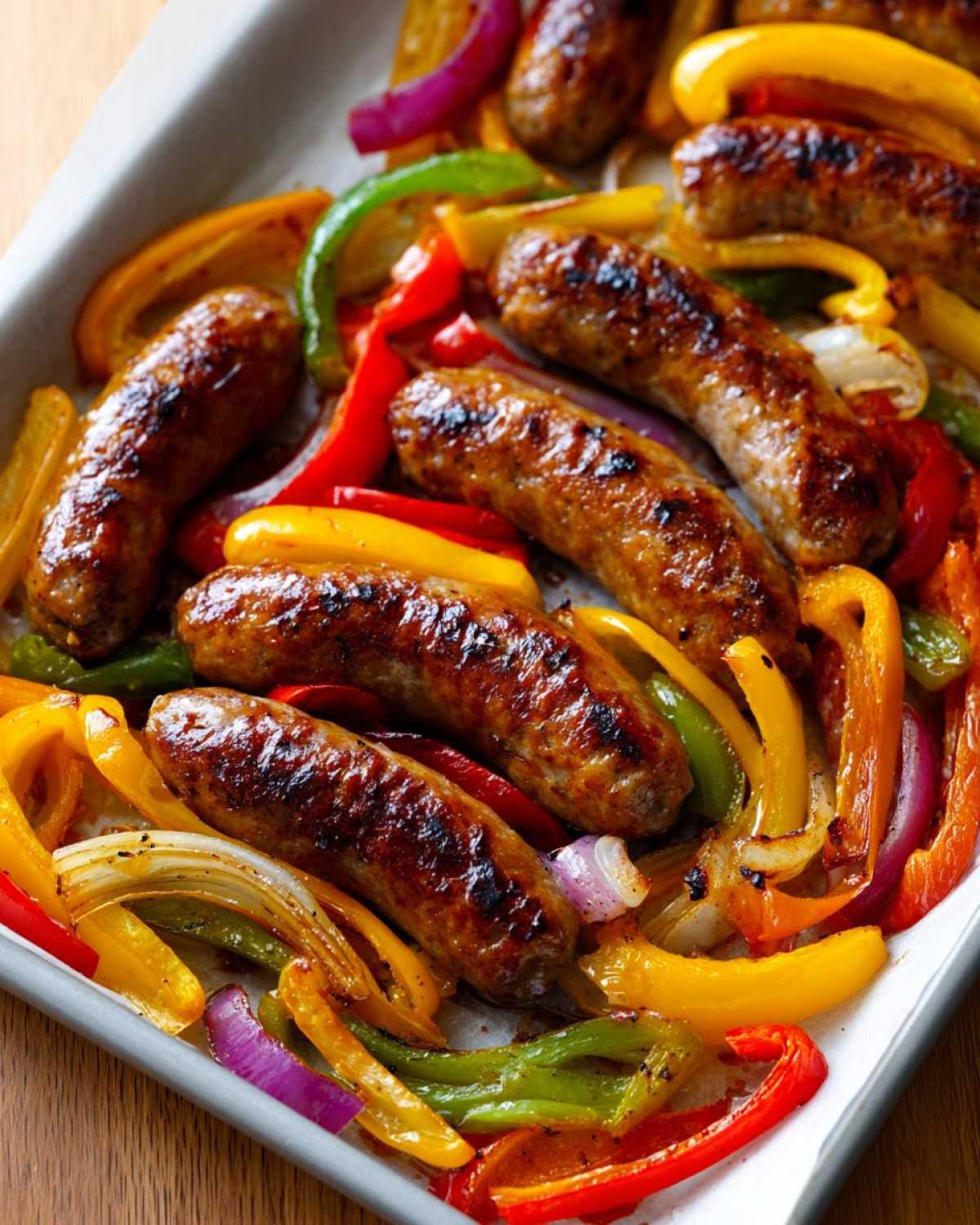 Close-up of perfectly browned Sheet Pan Sausage and Peppers with colorful bell peppers and onions.