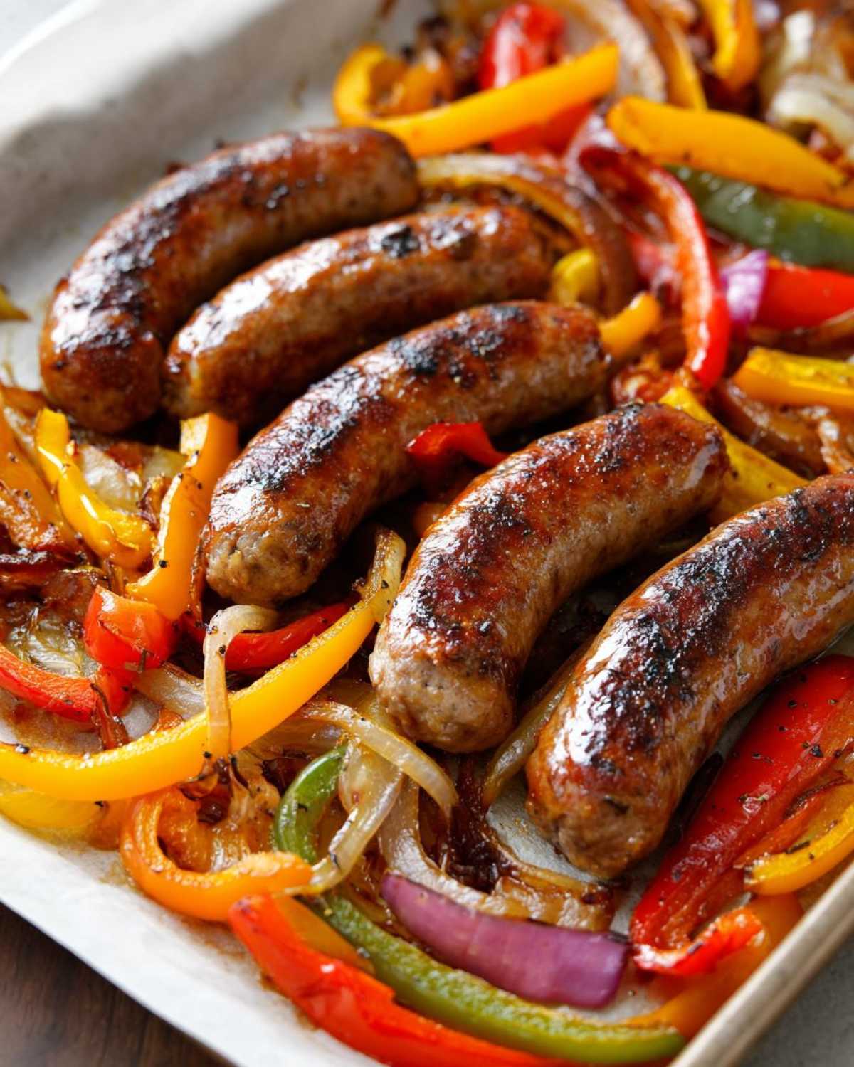Five browned sausages nestled among roasted, colorful bell peppers and onions on a sheet pan.