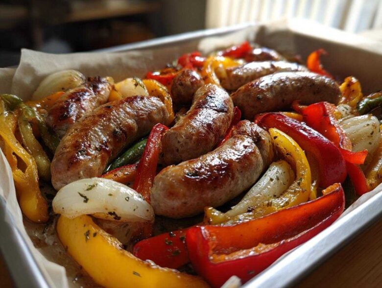Close-up of browned sausages roasted with colorful bell peppers and onions on a sheet pan.
