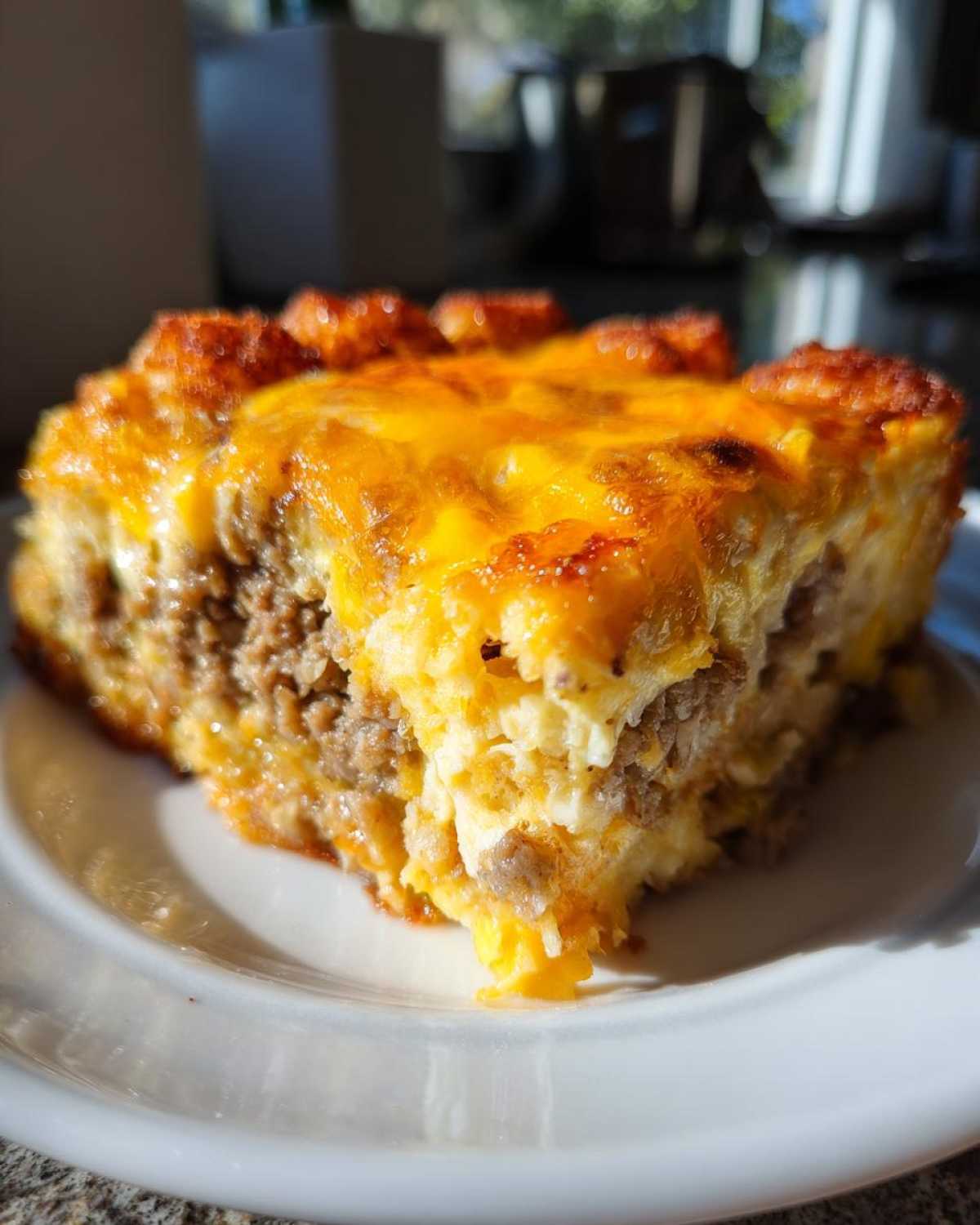 A close-up slice of Tater Tot Breakfast Casserole featuring layers of sausage, egg, and melted cheddar cheese on a white plate.