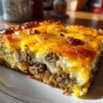 A close-up slice of Tater Tot Breakfast Casserole showing layers of sausage, egg, and melted cheddar cheese topping.