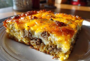 A close-up slice of Tater Tot Breakfast Casserole showing layers of sausage, egg, and melted cheddar cheese topping.