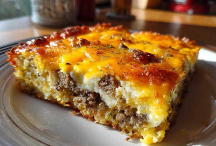 A close-up slice of Tater Tot Breakfast Casserole showing layers of sausage, egg, and melted cheddar cheese topping.