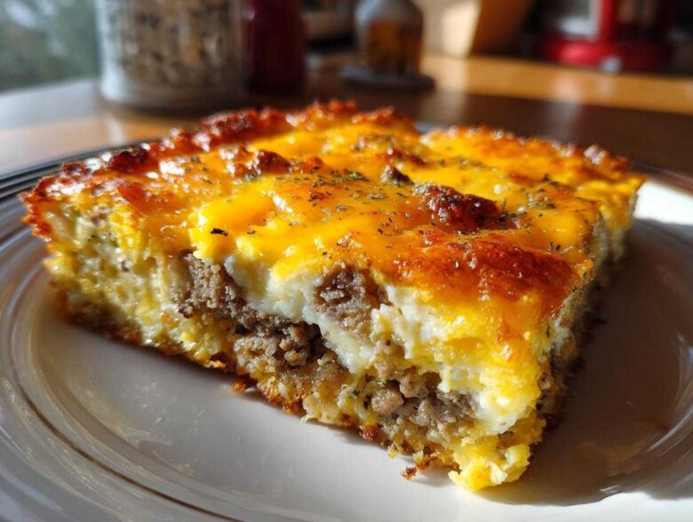 A close-up slice of Tater Tot Breakfast Casserole showing layers of sausage, egg, and melted cheddar cheese topping.