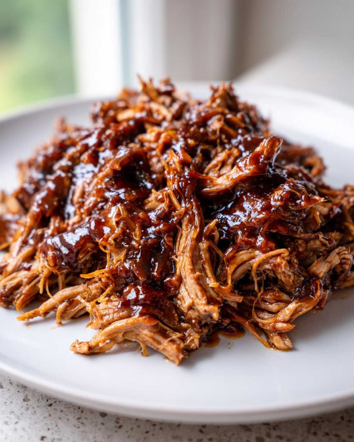 Close-up of shredded Slow Cooker Honey Garlic Pulled Pork glistening with a rich, dark sauce on a white plate.