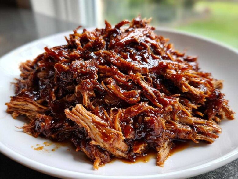 A close-up of shredded Slow Cooker Honey Garlic Pulled Pork, glistening with rich, dark sauce on a white plate.
