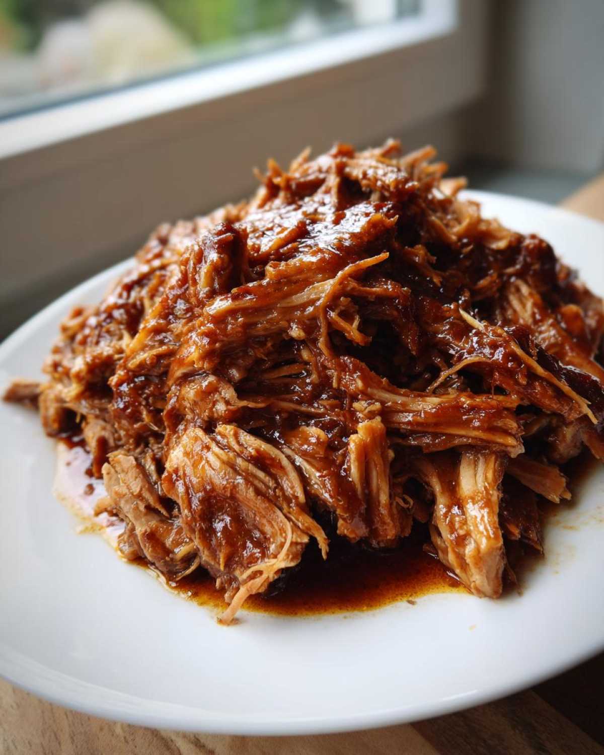 A close-up of shredded Slow Cooker Honey Garlic Pulled Pork piled high on a white plate with extra sauce.