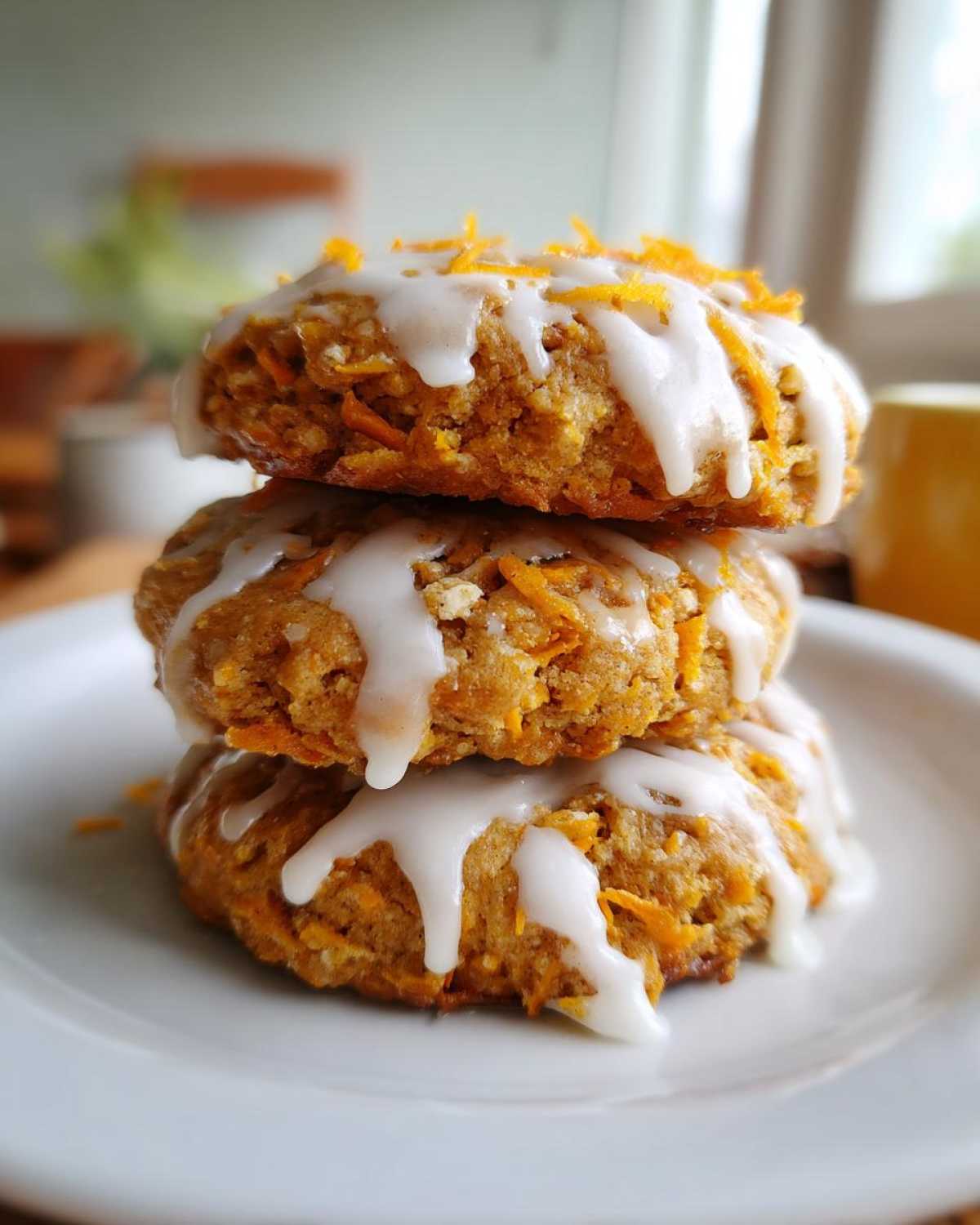 Three Soft-Baked Carrot Cake Cookies stacked on a white plate, drizzled with cream cheese glaze and topped with zest.