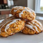 Three Soft-Baked Carrot Cake Cookies stacked on a white plate, drizzled with cream cheese glaze.