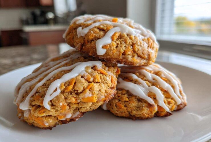 Three Soft-Baked Carrot Cake Cookies stacked on a white plate, drizzled with cream cheese glaze.