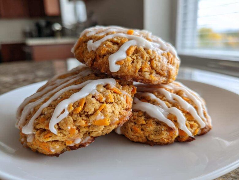 Three Soft-Baked Carrot Cake Cookies stacked on a white plate, drizzled with cream cheese glaze.