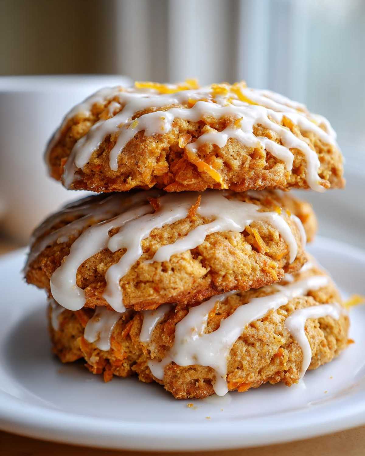 A stack of three Soft-Baked Carrot Cake Cookies topped with a thick cream cheese glaze and orange zest.