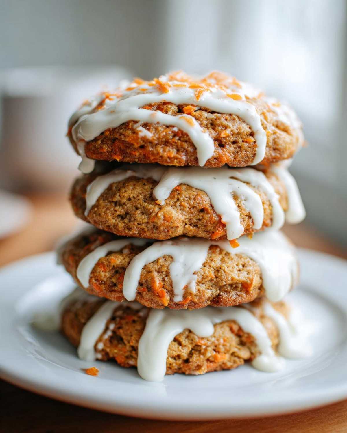 A stack of four Soft-Baked Carrot Cake Cookies drizzled heavily with white cream cheese glaze.