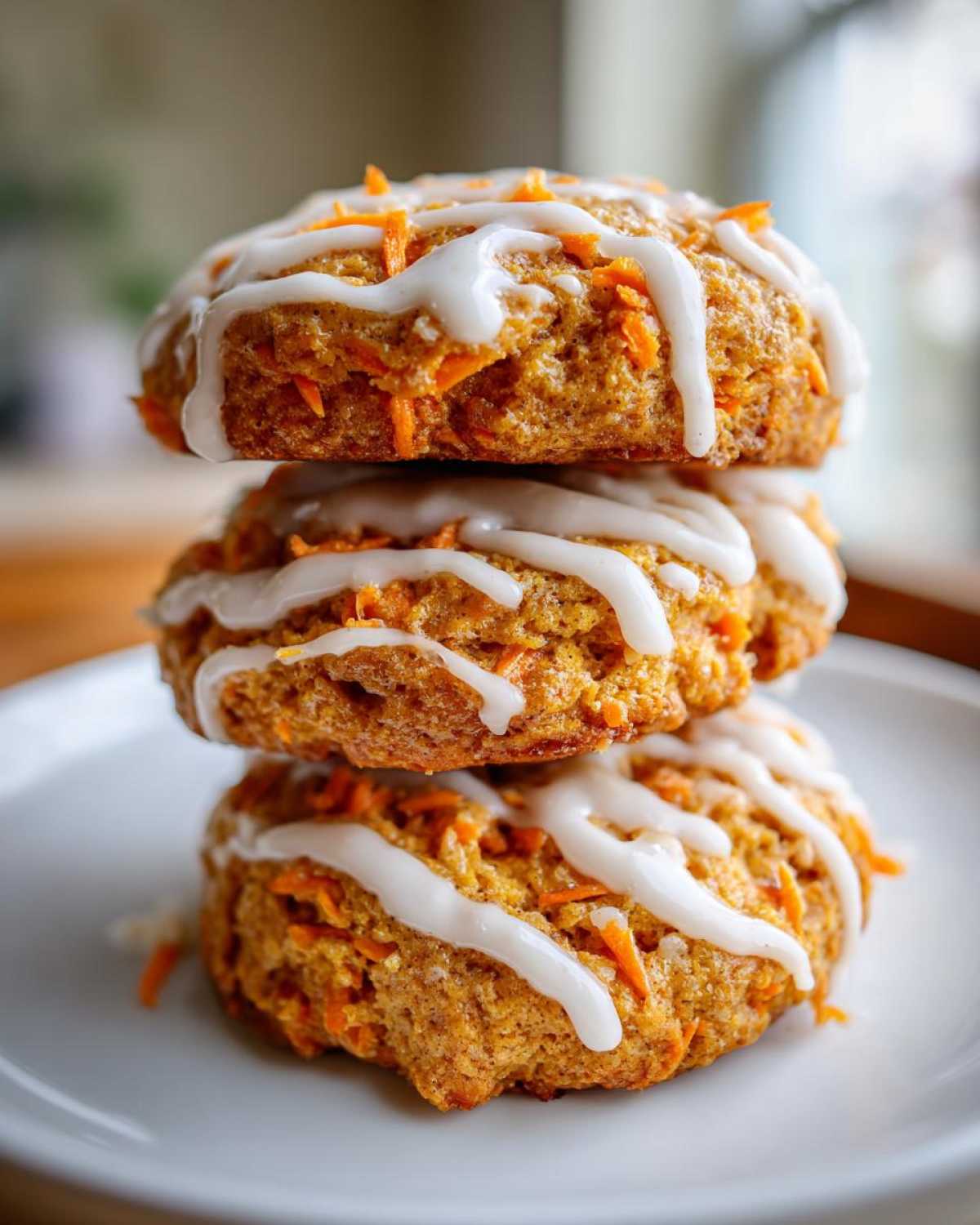 Three Soft-Baked Carrot Cake Cookies stacked on a white plate, drizzled with cream cheese glaze.