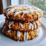 A stack of three Soft-Baked Carrot Cake Cookies with Cream Cheese Glaze drizzled on top.