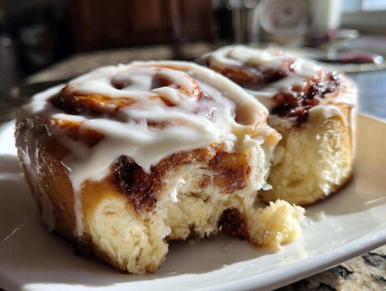 Close-up of two soft Gluten-Free Cinnamon Rolls drizzled with white icing on a white plate.