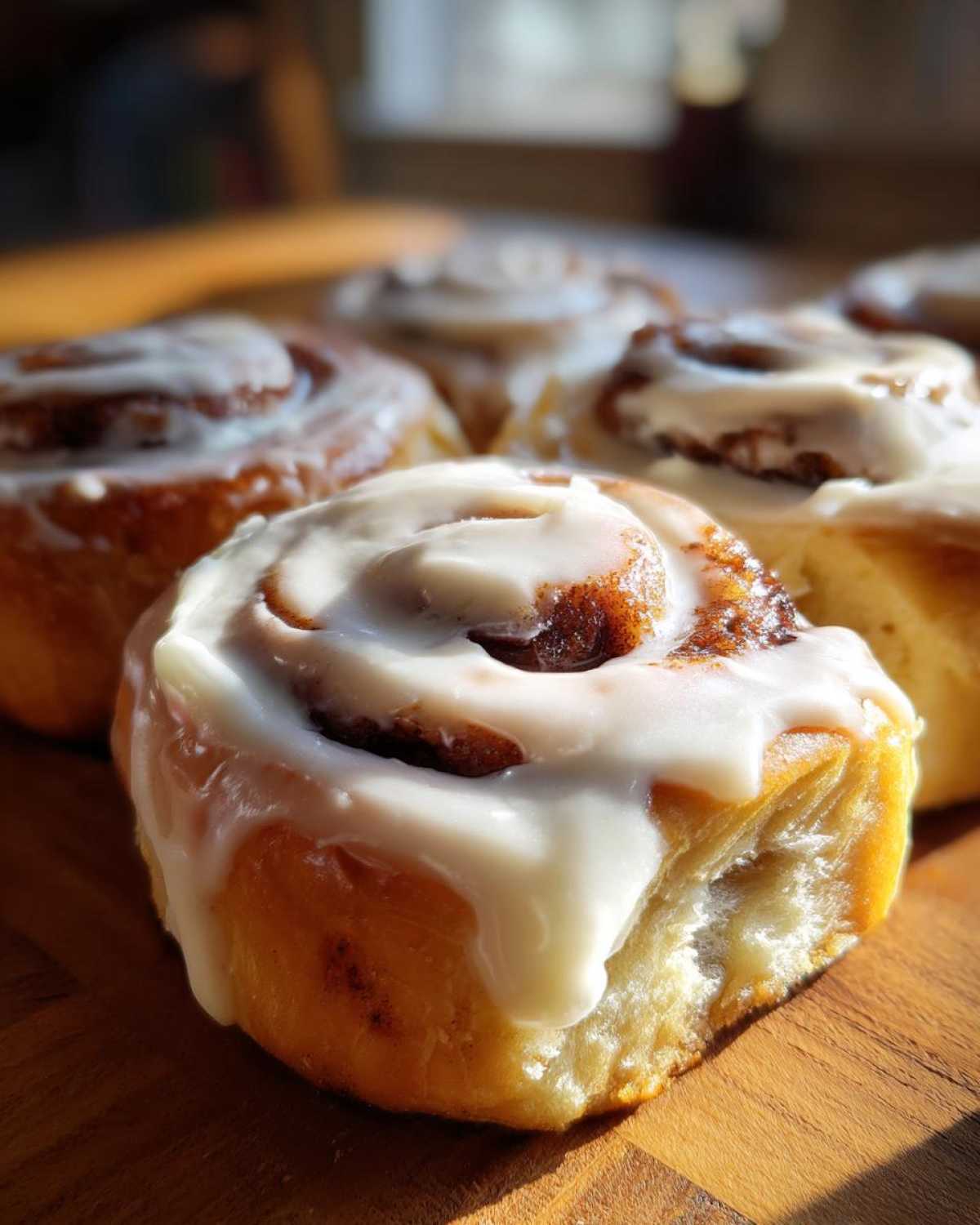 Close-up of a soft, freshly baked Gluten-Free Cinnamon Roll topped with thick white icing.