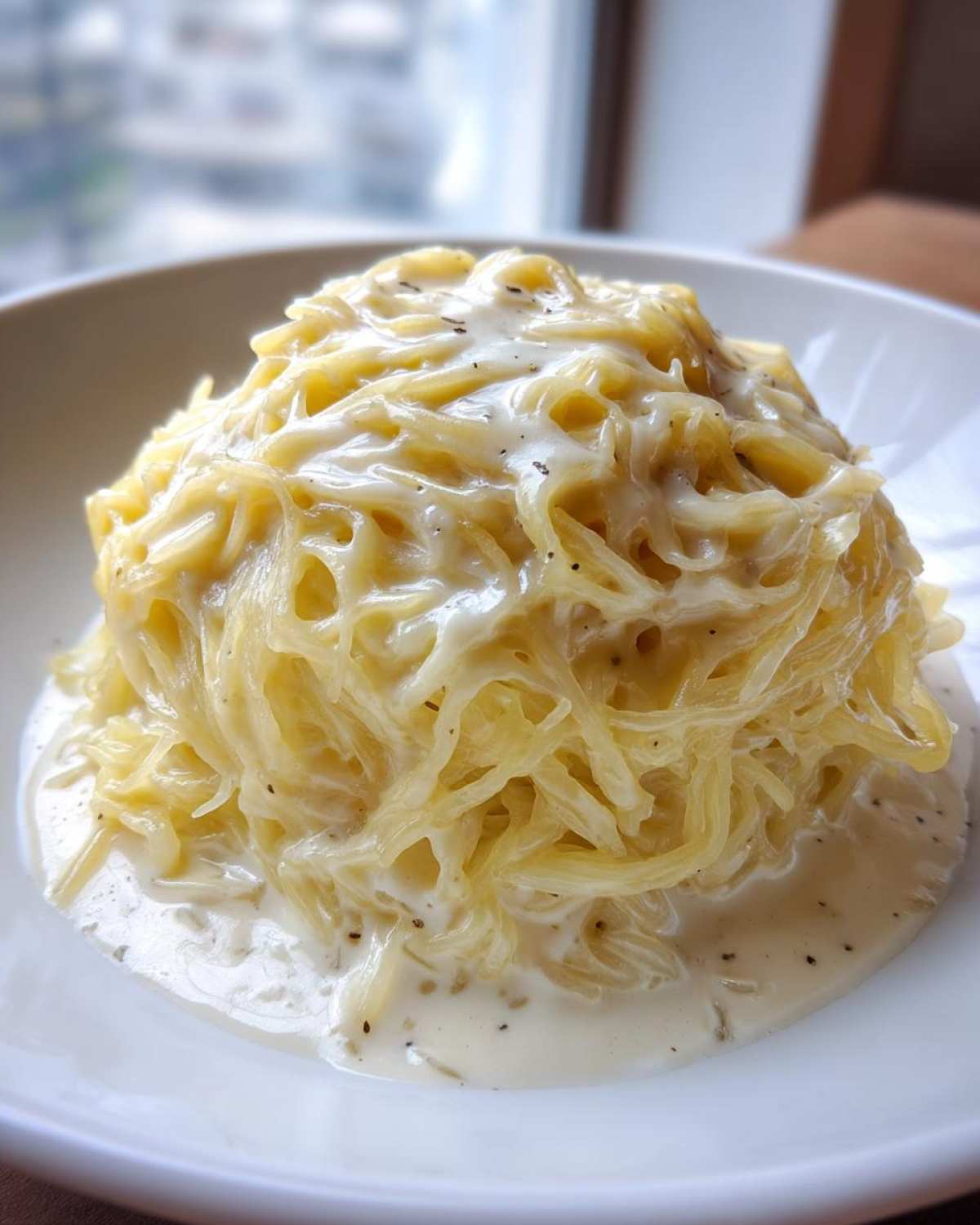 A close-up of a mound of Spaghetti Squash Alfredo coated in a rich, creamy white sauce and black pepper.