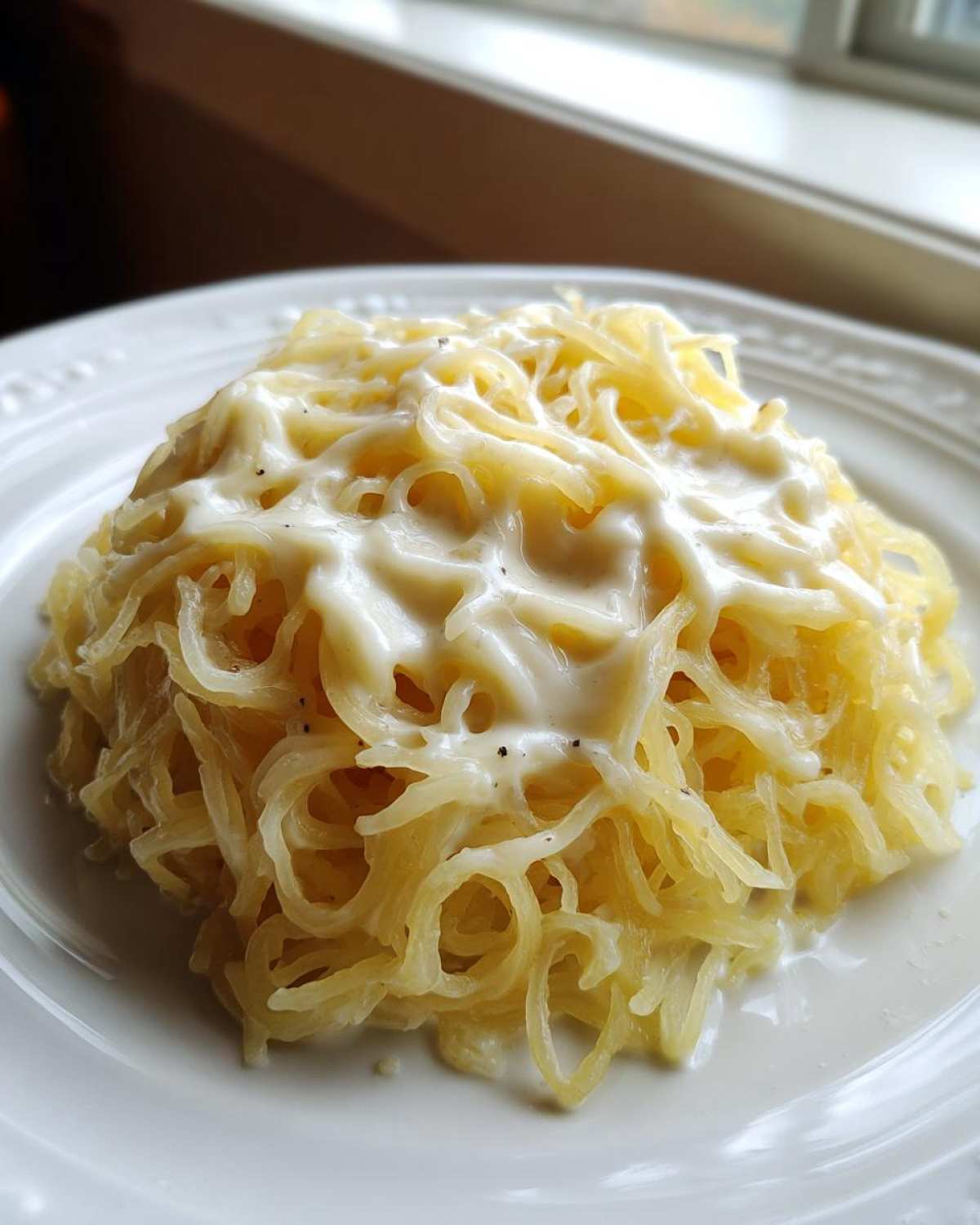 A serving of Spaghetti Squash Alfredo, showing strands of squash coated in creamy white sauce, presented on a white plate.
