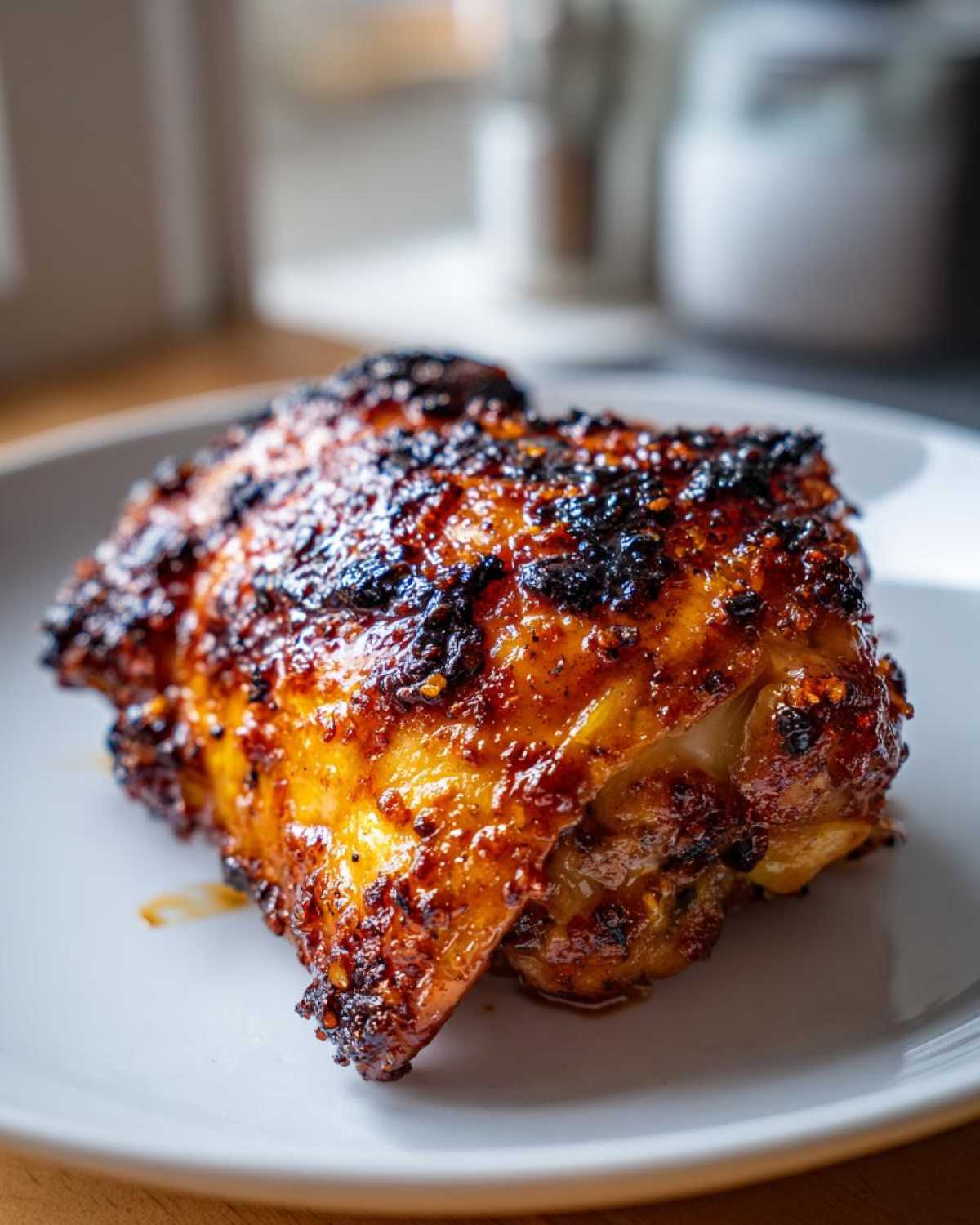 Close-up of a single, caramelized Spicy Honey Garlic Air Fryer Chicken Thigh on a white plate.