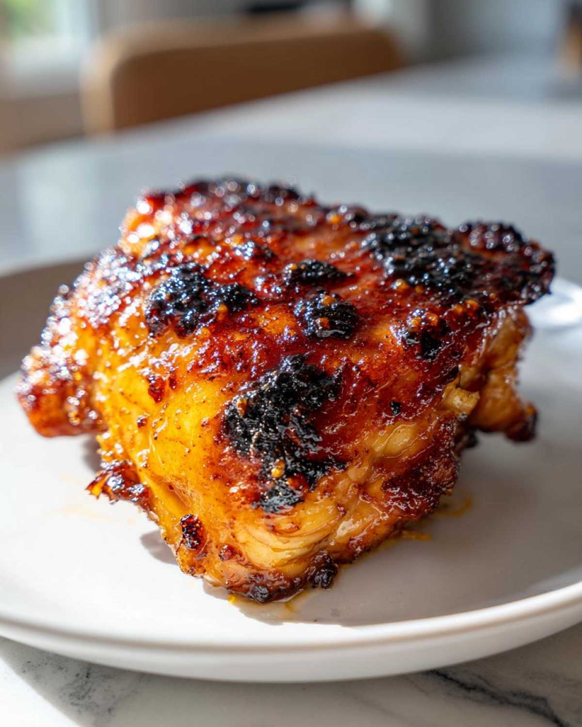 Close-up of a perfectly cooked Spicy Honey Garlic Air Fryer Chicken Thighs with a dark, caramelized glaze.