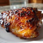 Close-up of a perfectly cooked Spicy Honey Garlic Air Fryer Chicken Thighs with a caramelized, glossy glaze.