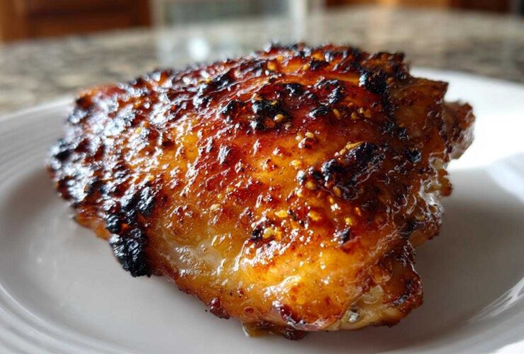 Close-up of a perfectly cooked Spicy Honey Garlic Air Fryer Chicken Thighs with a caramelized, glossy glaze.