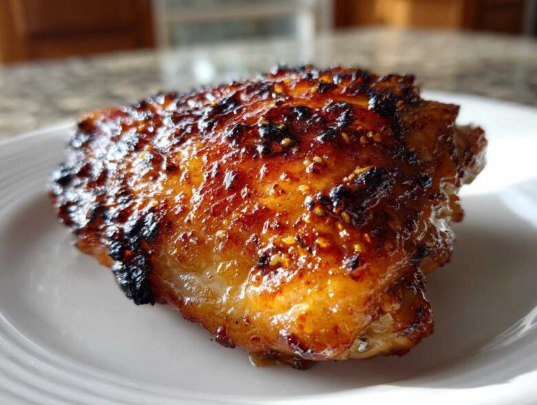 Close-up of a perfectly cooked Spicy Honey Garlic Air Fryer Chicken Thighs with a caramelized, glossy glaze.