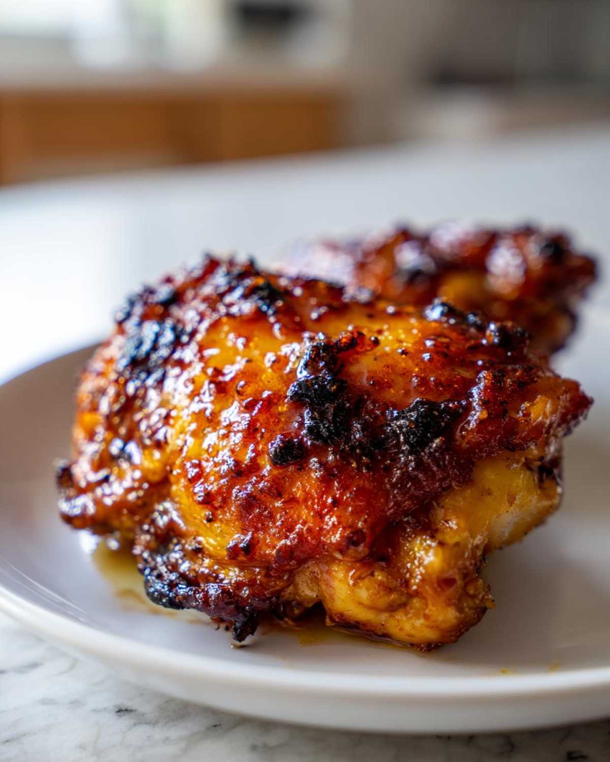 Close-up of two perfectly cooked Spicy Honey Garlic Air Fryer Chicken Thighs with a sticky, caramelized glaze.