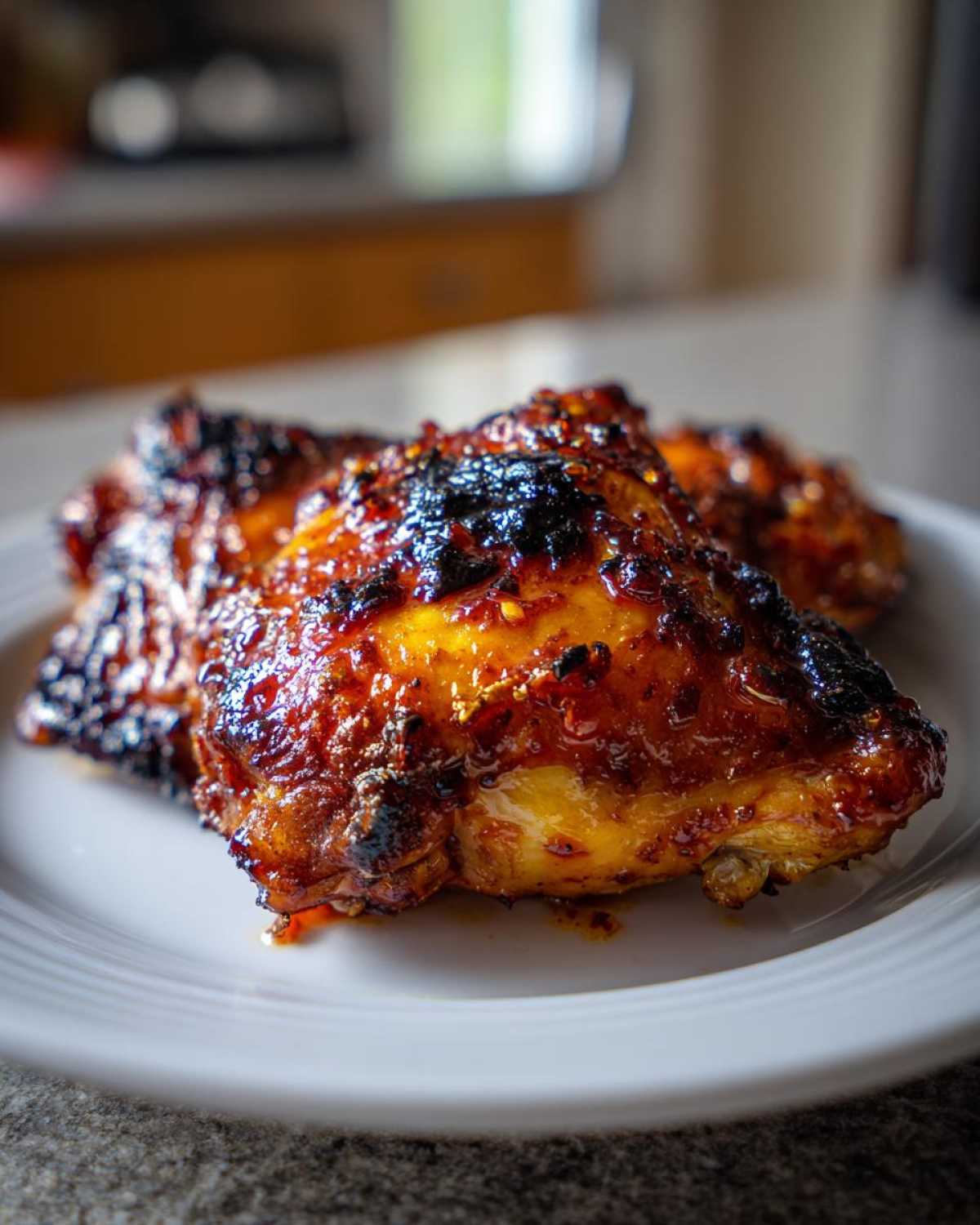 Close-up of perfectly cooked Spicy Honey Garlic Air Fryer Chicken Thighs with a dark, sticky glaze.