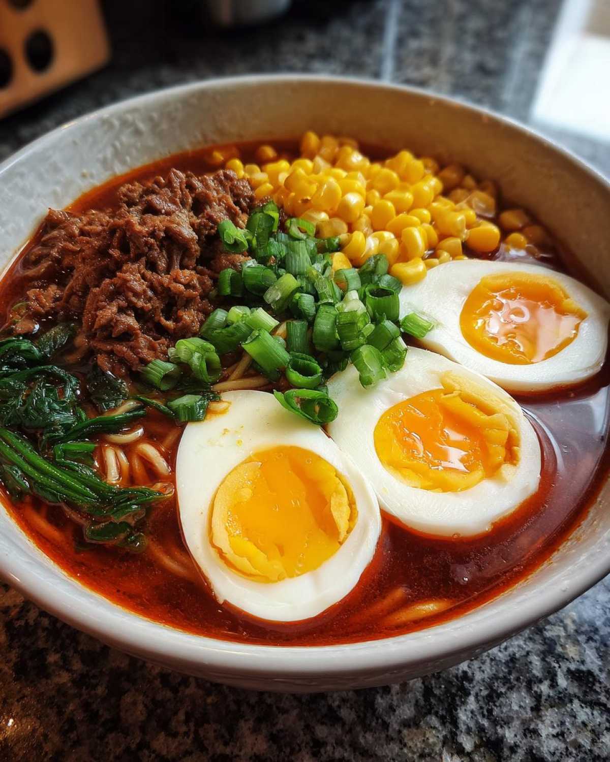 A close-up bowl of Spicy Miso Ramen featuring rich broth, ground meat, corn, green onions, and two halves of a soft-boiled egg.