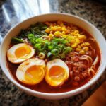 Close-up of Spicy Miso Ramen with soft-boiled eggs, corn, and green onions in a deep red broth.