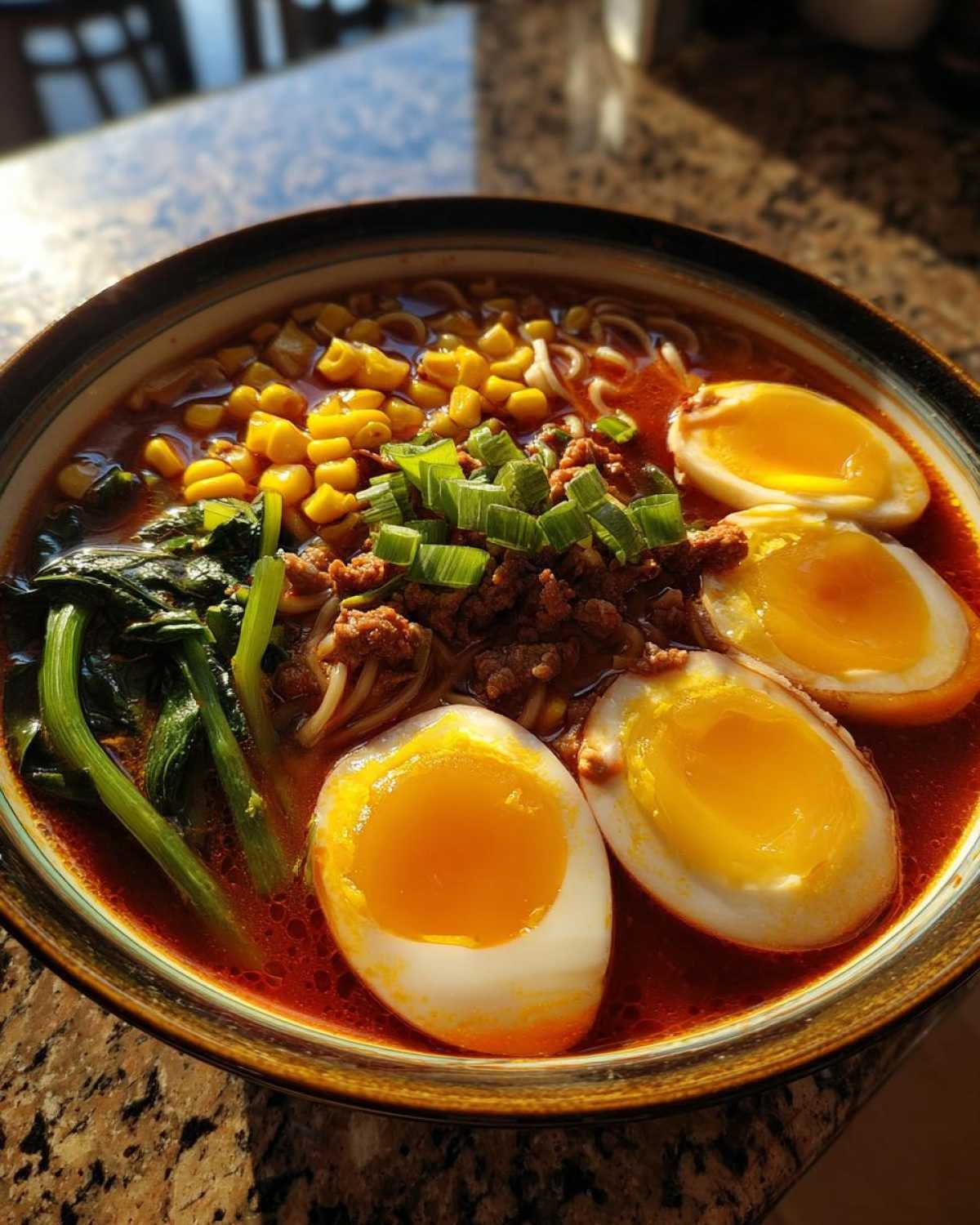 A close-up bowl of Spicy Miso Ramen featuring a rich red broth, soft-boiled eggs, ground meat, corn, and scallions.