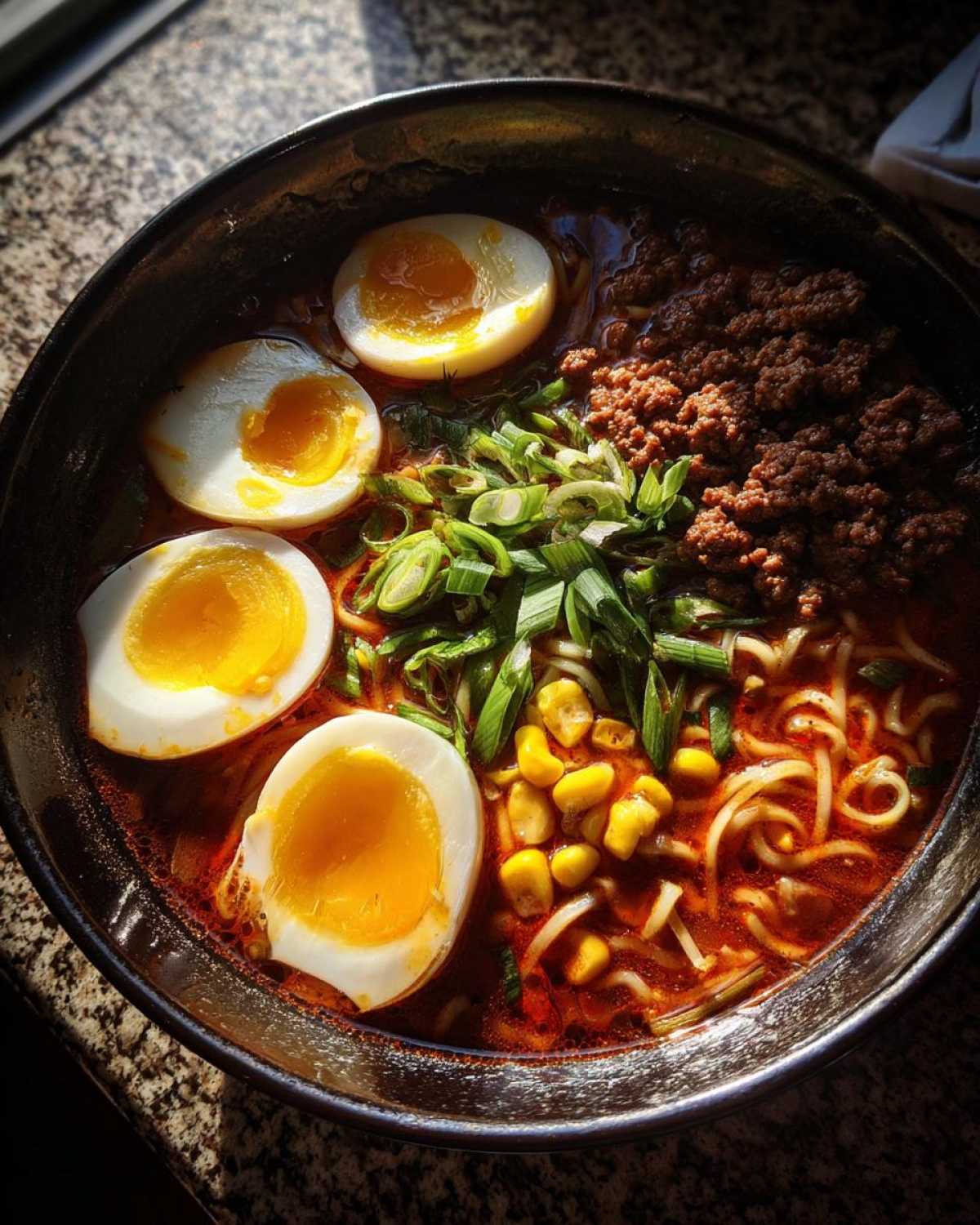 Overhead view of a bowl of Spicy Miso Ramen featuring four halves of soft-boiled eggs, ground meat, corn, and scallions.