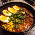 A close-up bowl of Spicy Miso Ramen featuring soft-boiled eggs, shredded beef, corn, and green onions.