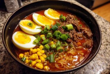 A close-up bowl of Spicy Miso Ramen featuring soft-boiled eggs, shredded beef, corn, and green onions.