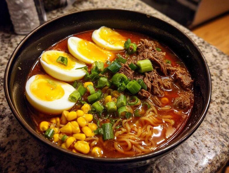 A close-up bowl of Spicy Miso Ramen featuring soft-boiled eggs, shredded beef, corn, and green onions.