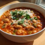 A close-up of a bowl of Spicy Turkey White Bean Chili topped with shredded cheese and fresh cilantro.