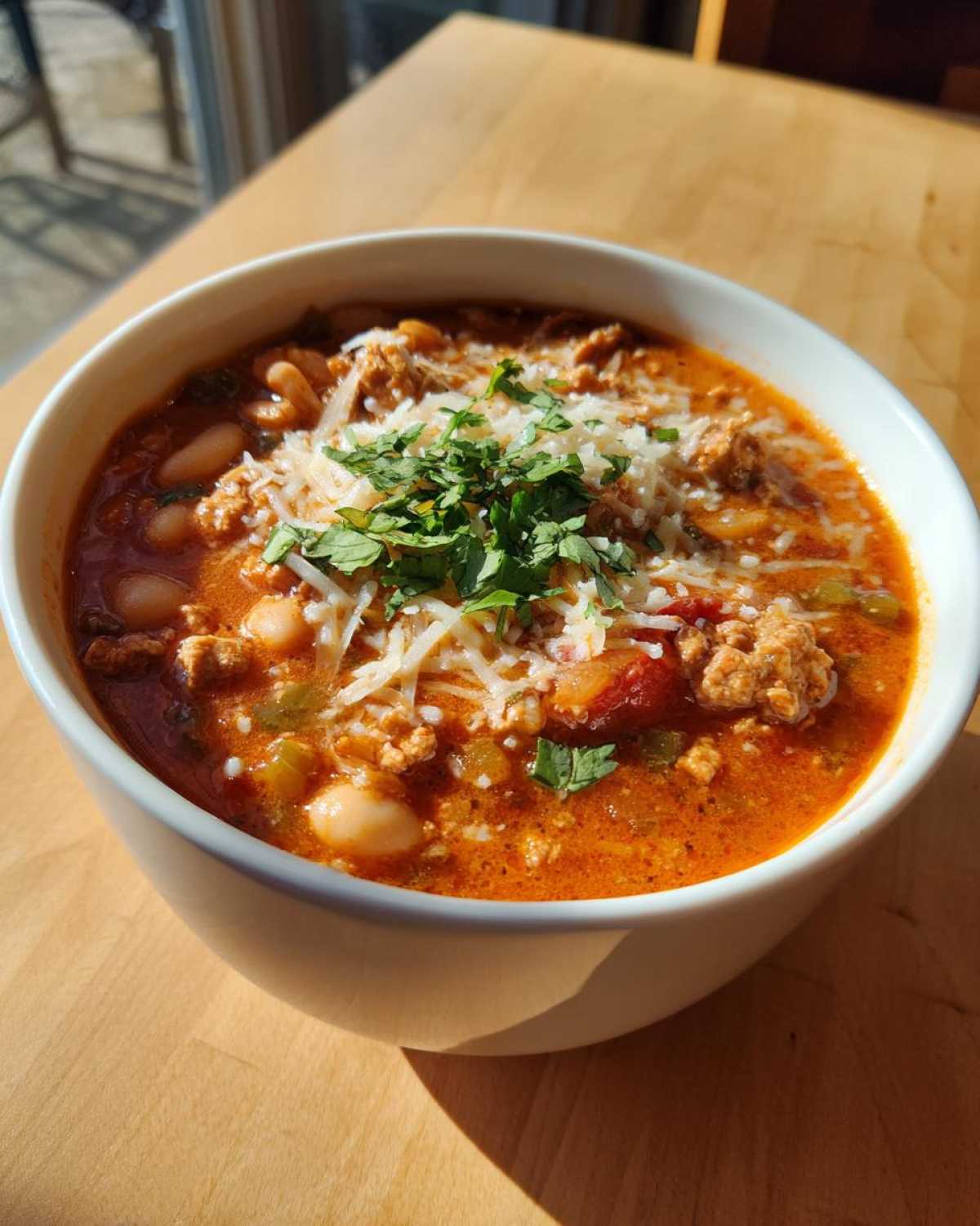 A close-up of a bowl of Spicy Turkey White Bean Chili topped with shredded cheese and fresh cilantro.