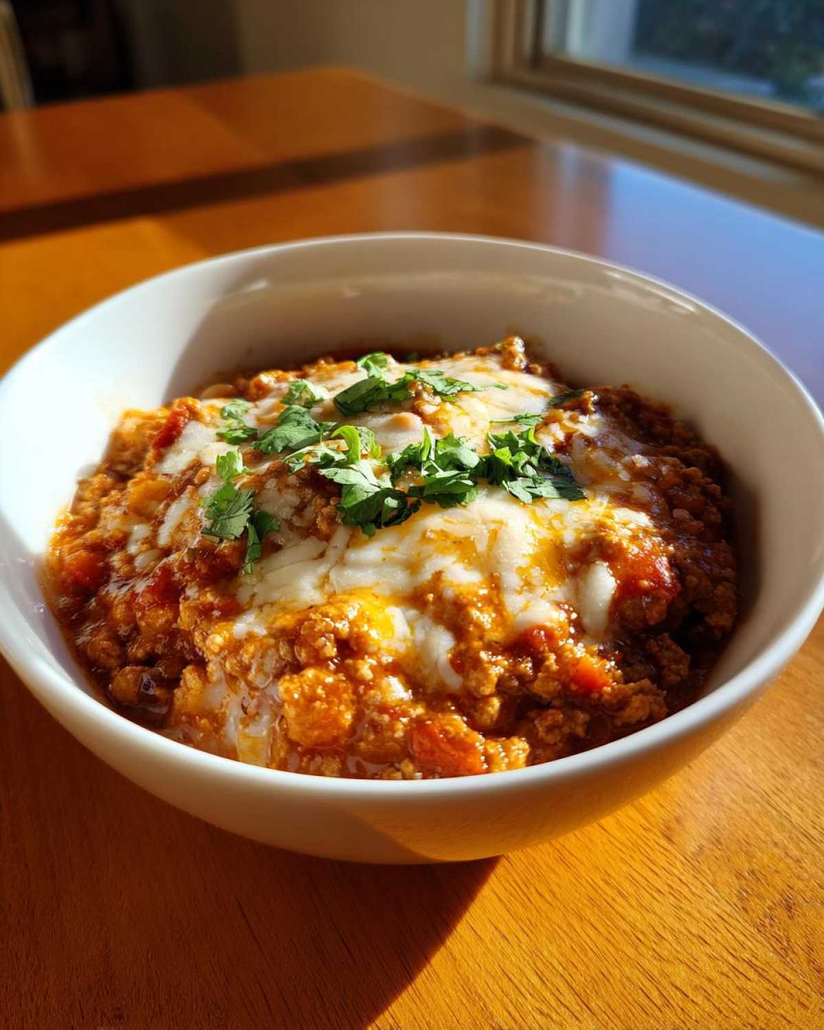 A close-up of a bowl of Spicy Turkey White Bean Chili topped with melted cheese and fresh cilantro.
