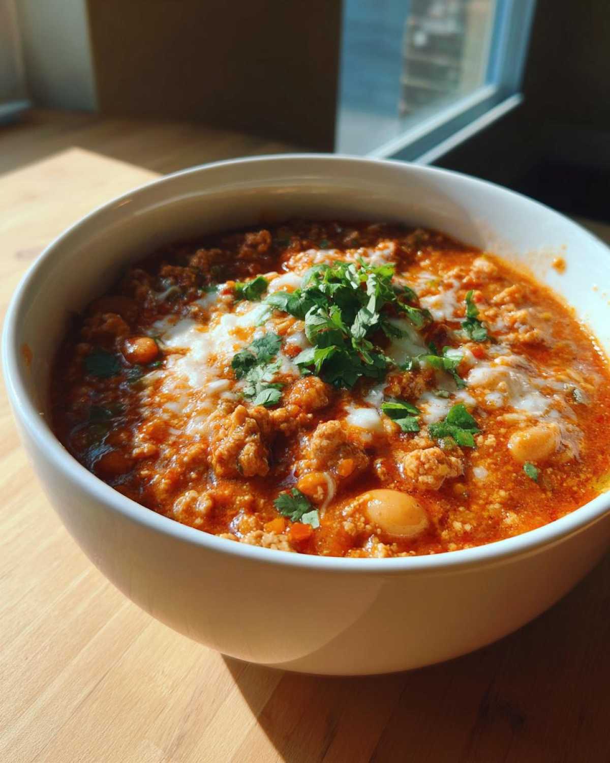 A close-up of a bowl filled with rich, red Spicy Turkey White Bean Chili, topped with melted cheese and fresh cilantro.