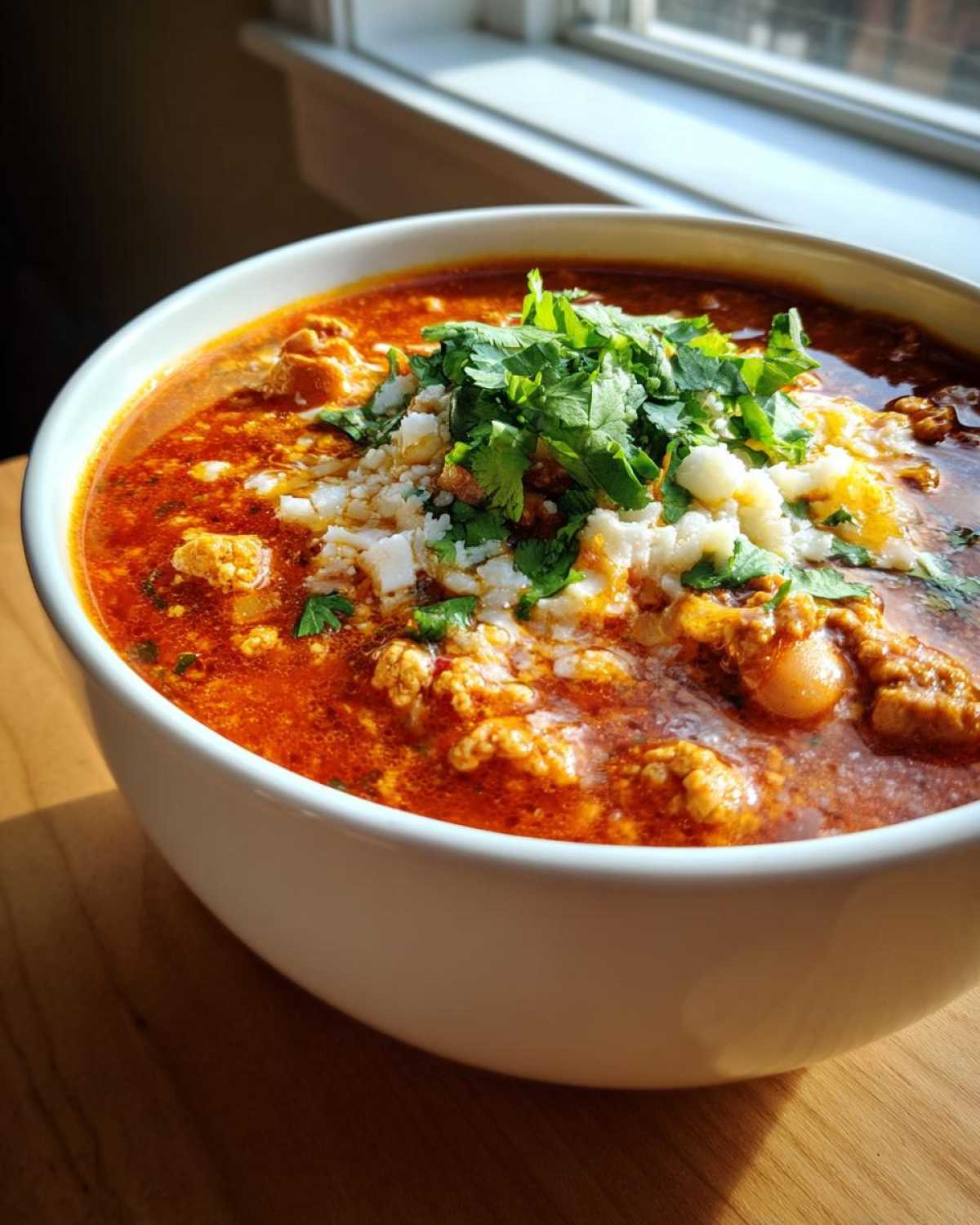 A close-up of a white bowl filled with vibrant red Spicy Turkey White Bean Chili, topped with crumbled white cheese and fresh cilantro.