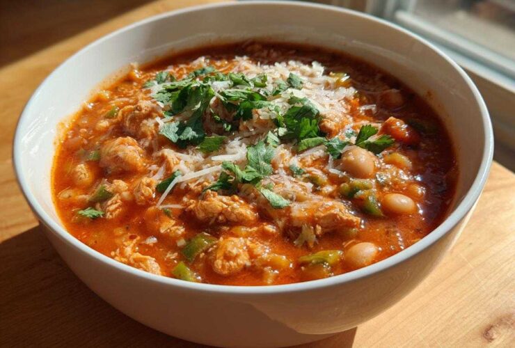 A close-up of a bowl of Spicy Turkey White Bean Chili topped with shredded cheese and fresh cilantro.