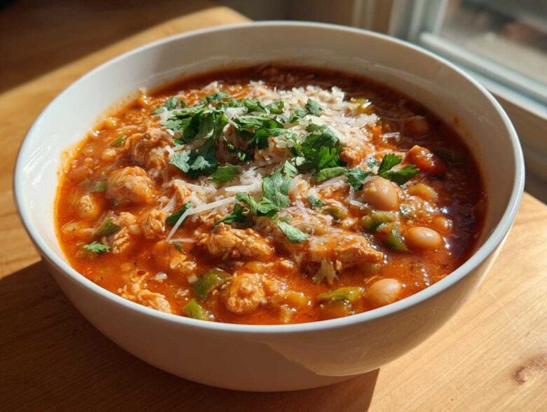 A close-up of a bowl of Spicy Turkey White Bean Chili topped with shredded cheese and fresh cilantro.
