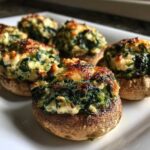 Close-up of baked Spinach and Feta Stuffed Mushrooms with golden-brown, cheesy tops served on a white platter.