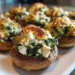 Close-up of baked Spinach and Feta Stuffed Mushrooms with golden-brown, cheesy tops served on a white platter.