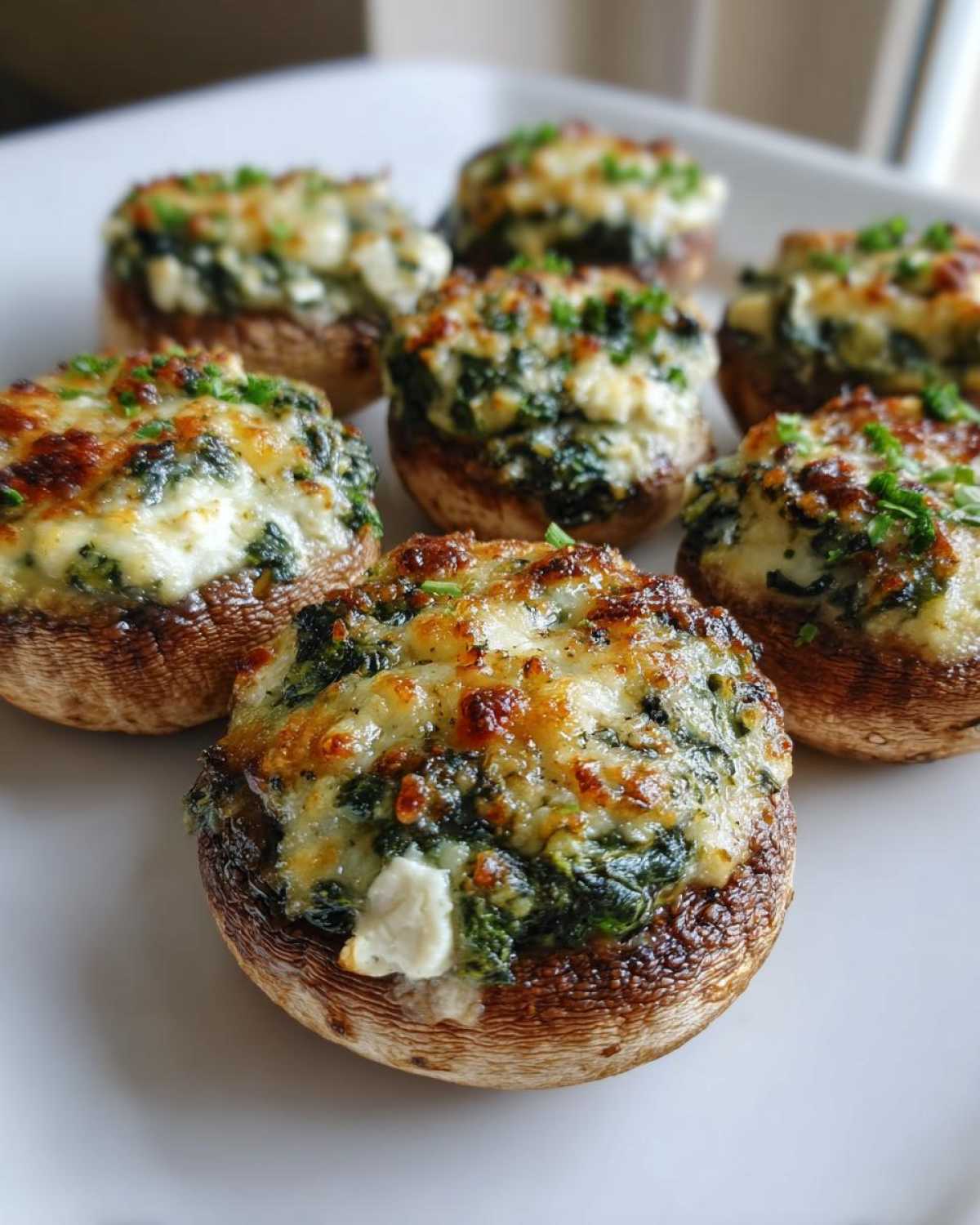 Close-up of baked Spinach and Feta Stuffed Mushrooms with golden-brown cheese topping.