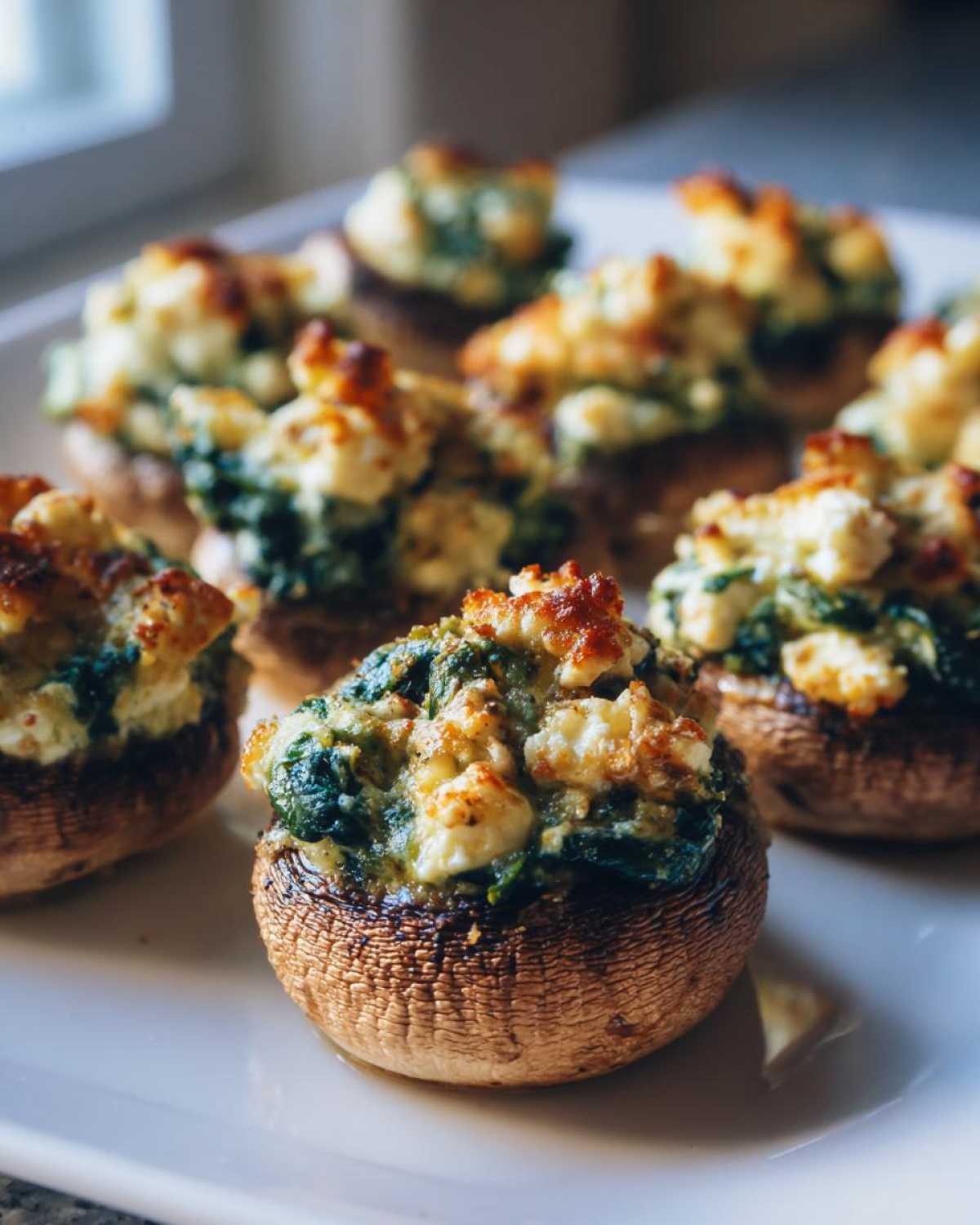 Close-up of baked Spinach and Feta Stuffed Mushrooms with browned, cheesy tops on a white plate.