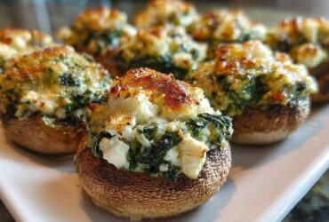 Close-up of baked Spinach and Feta Stuffed Mushrooms with golden-brown, cheesy tops served on a white platter.