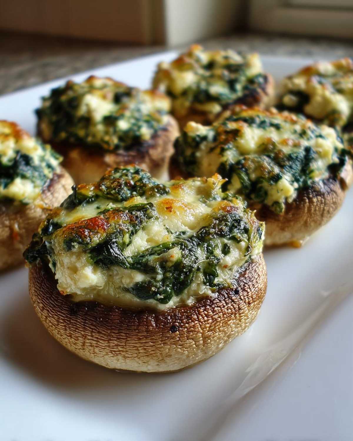 Close-up of baked Spinach and Feta Stuffed Mushrooms with golden, melted cheese topping served on a white platter.